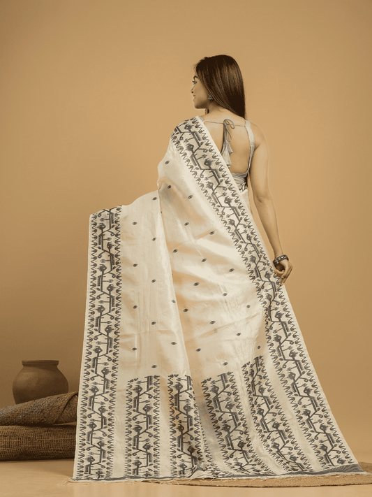 Lace White Tissue Silk Jamdani Saree - 042 - indeloom