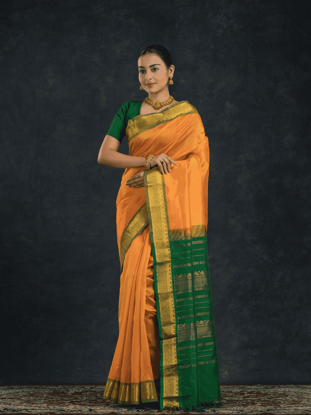 Pure Handloom Korvai Silk Cotton Saree in Sun Yellow Green Border with small buttas - 140