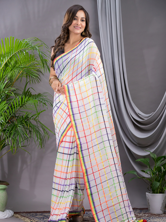 Handloom Khadi Cotton Saree With Cream White - 005