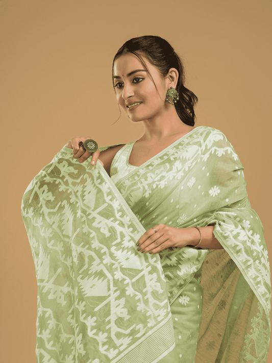Light Green Soft Silk Jamdani Saree - 008 - indeloom