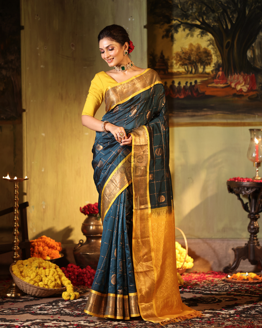 Pure Handloom Korvai Saree | Teal Peacock and Mango Yellow