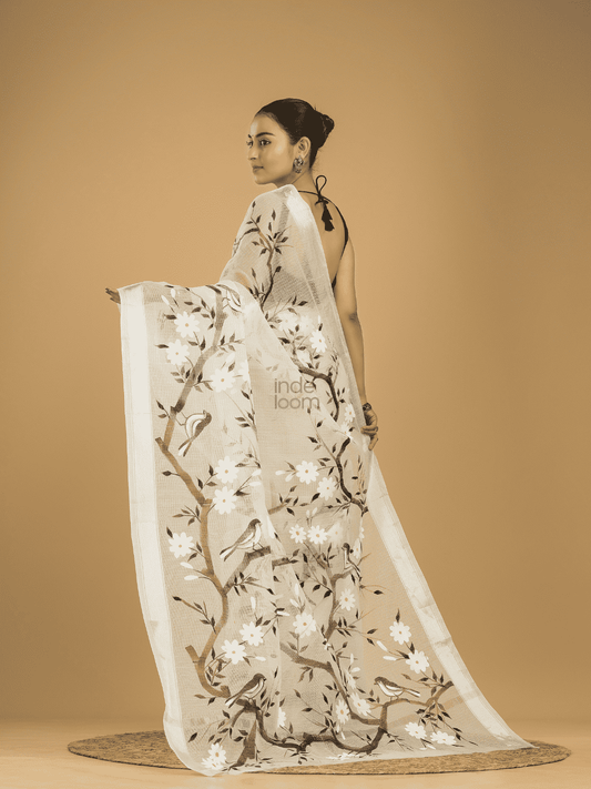 Kota Doria Handpainted Saree With Pearl White - 007 - indeloom