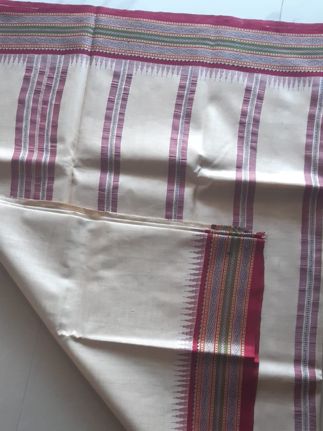 Beige & Wine Red Handloom Vidarbha Tussar Silk Saree with Multicolor Contrast Border -065