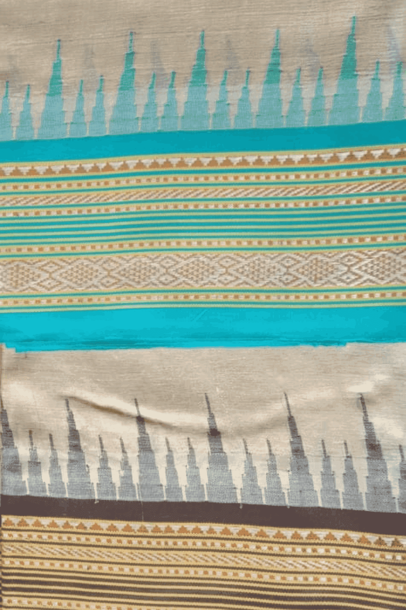 Beige & Sky Blue, Handloom Vidarbha Tussar Silk Saree with Multicolor Contrast Border-035 - indeloom