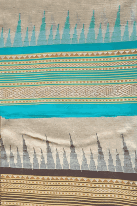 Beige & Sky Blue, Handloom Vidarbha Tussar Silk Saree with Multicolor Contrast Border-035 - indeloom