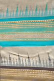 Beige & Sky Blue, Handloom Vidarbha Tussar Silk Saree with Multicolor Contrast Border-035 - indeloom