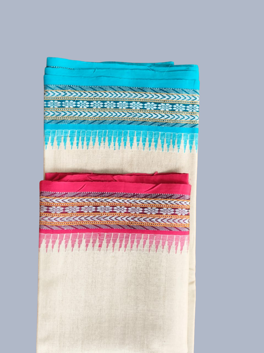 Sea Blue and Pink Handloom Vidarbha Tussar Silk Saree with Multicolor Contrast Border - 014