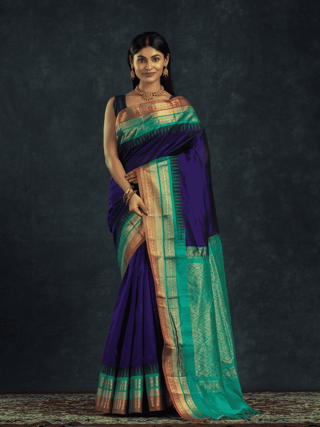 Pure Handloom Korvai Silk Cotton Saree in Rich Sapphire Blue and Teal Moss with Golden temple Border - 138