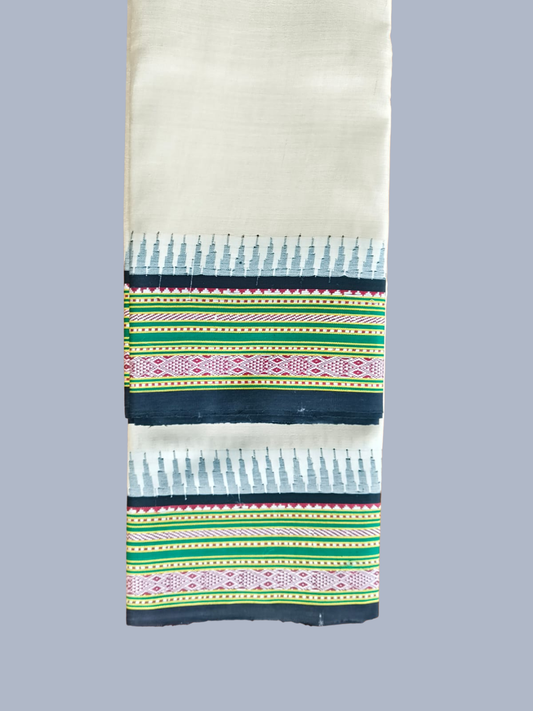 Light Cream & Green Handloom Vidarbha Tussar Silk Saree with Multicolor Contrast Border -004