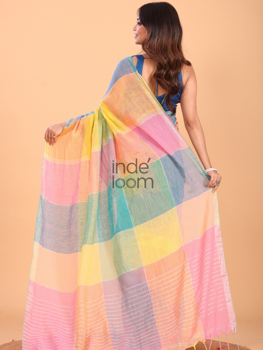 Linen Checks Saree With Pink Yellow Blue - 133