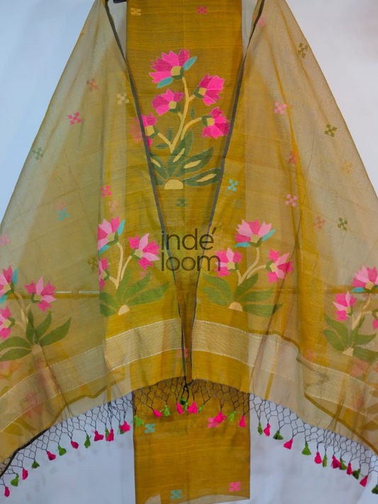 Classic Olive | Handloom Jamdani Muslin Unstitched 2-Piece Kurti