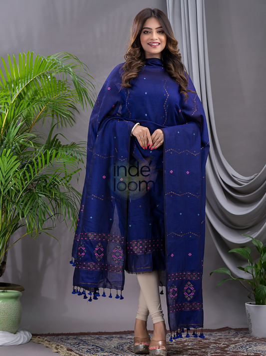 Imperial Blue | Handloom Jamdani Cotton Unstitched 2-Piece Kurti | Bhujodi Design