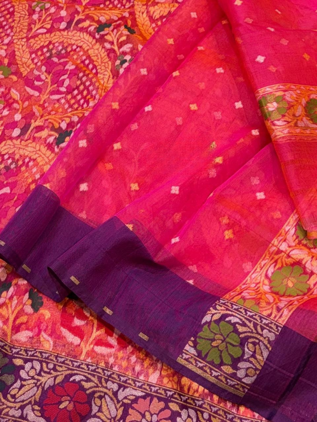 Pure Banarasi Exclusive Ektara Kora JAMDANI Tilfi saree | Rani Pink