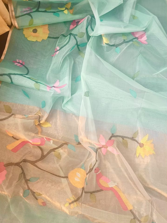 Sea Blue Hand Woven Muslin Paithani Jamdani Saree - 107