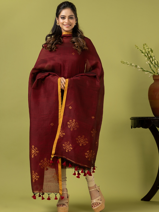 Handwoven Jamdani Linen Unstitched 2-piece Kurti | Deep Maroon