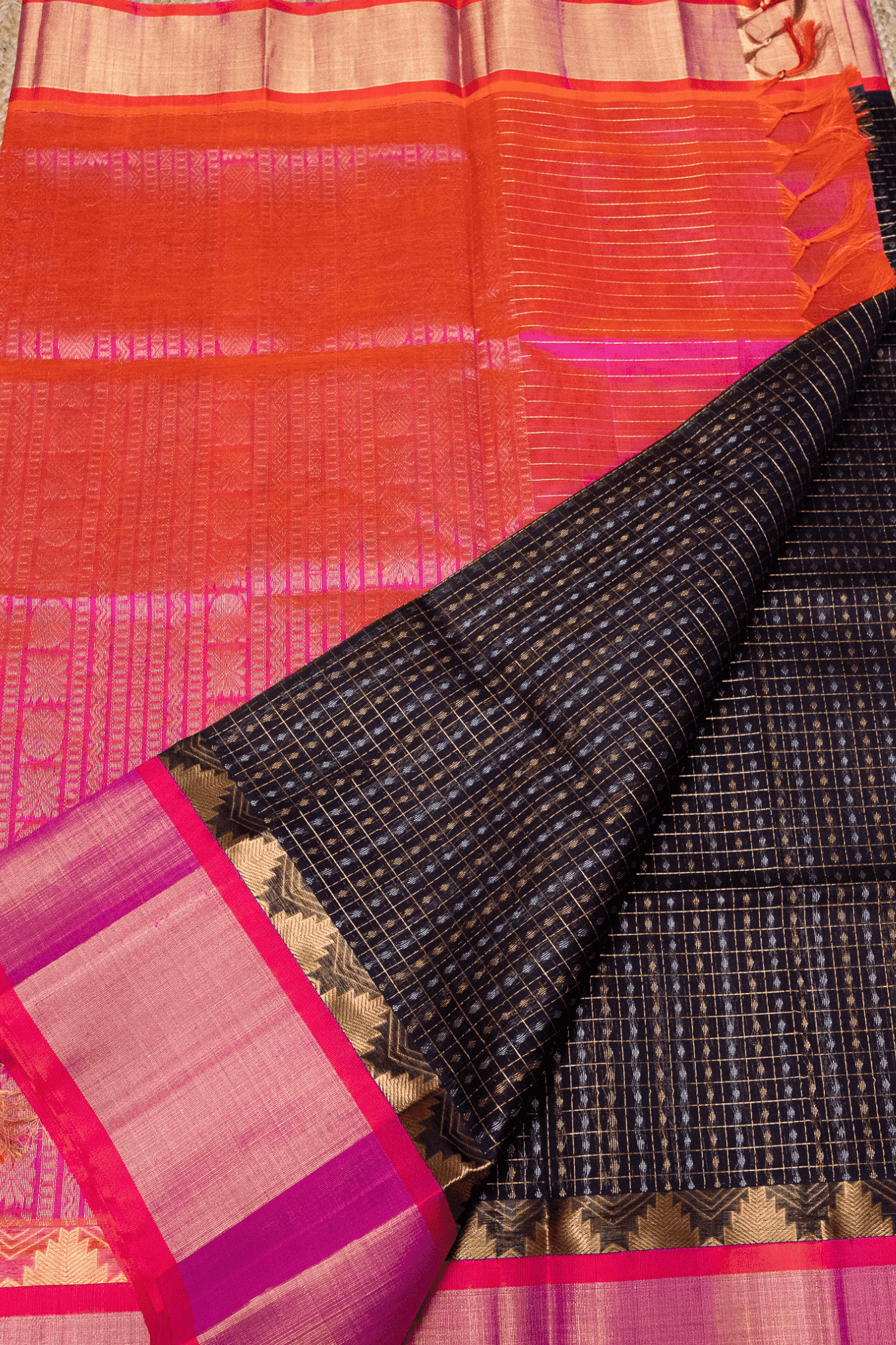 Pure Handloom Korvai Silk Cotton Lakshadeepam Saree in Rich Chocolate Brown and Multishade Pink Border - 146