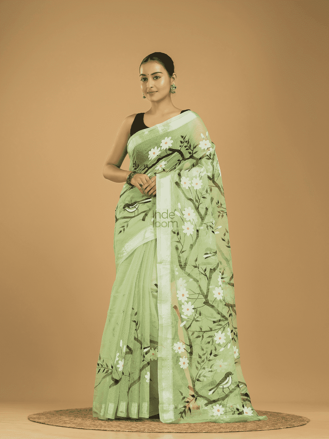 Kota Doria Handpainted Saree With Mint Green - 001 - indeloom