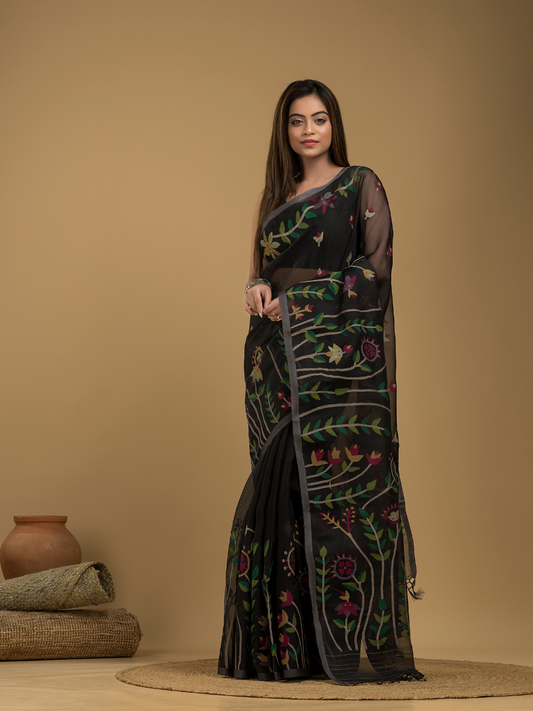 Hand Made Muslin Jamdani Saree With True Black - 025