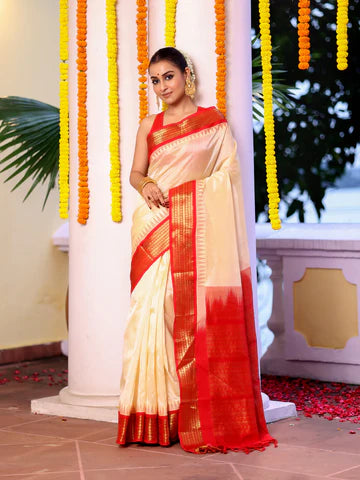 Pure Handloom Korvai Saree | Pearl White and Red
