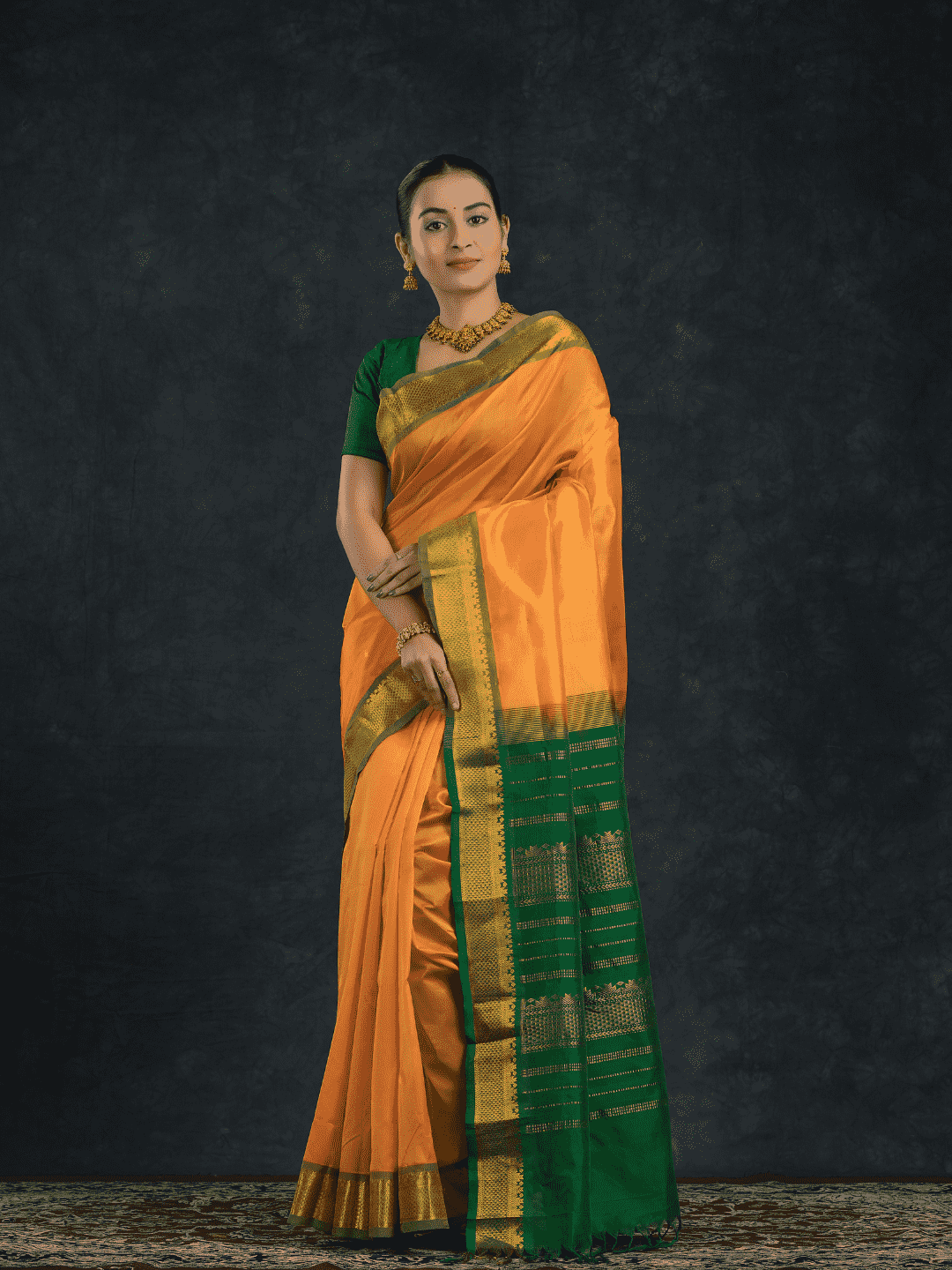 Pure Handloom Korvai Silk Cotton Saree in Sun Yellow Green Border with small buttas - 140