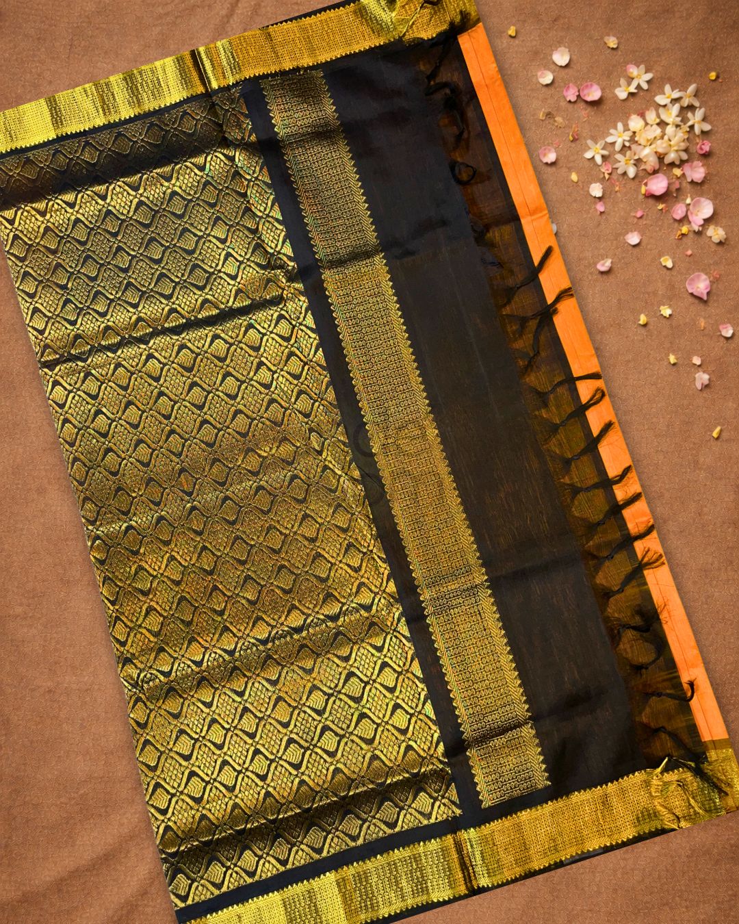 Handloom Korvai Silk Cotton Saree | Tangerine Orange