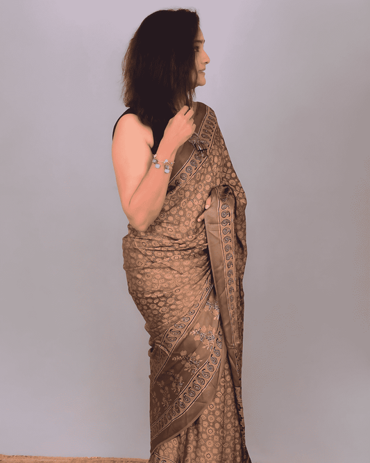 Ajrakh Exclusive Designer Modal Silk in Brown with Floral prints - 048 - indeloom