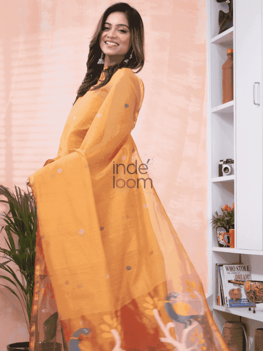 Festive Orange | Handloom Jamdani Muslin Unstitched 2-Piece Kurti | Paithani Design