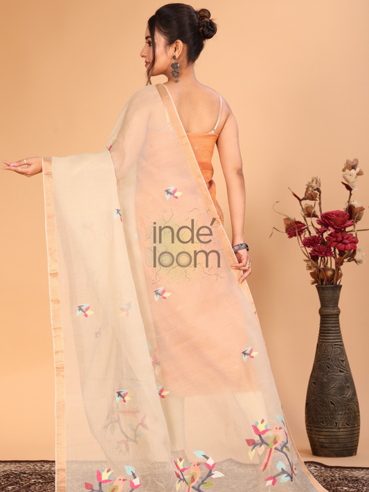 Pure Handloom Tussar Silk Jamdani Dupatta With Beige Brown - 011