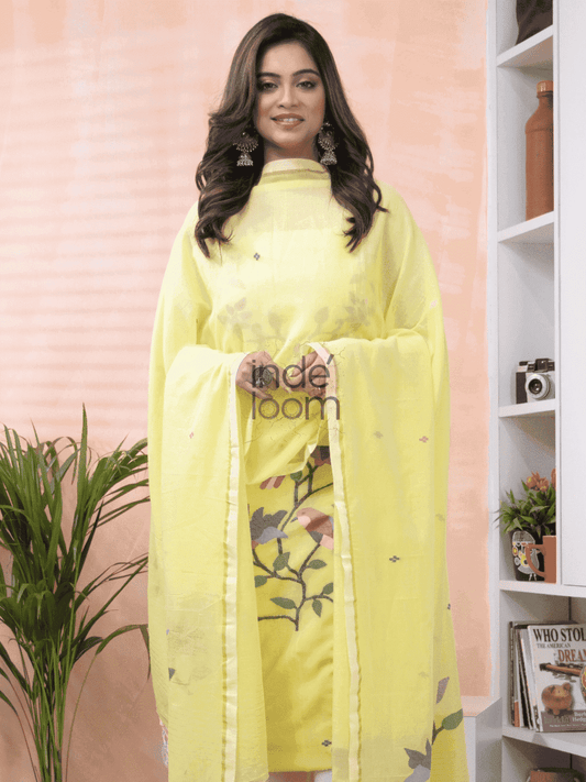 Light Yellow Jamdani 2-Piece Set Kurti & Dupatta (UNSTITCHED) -594 - indeloom