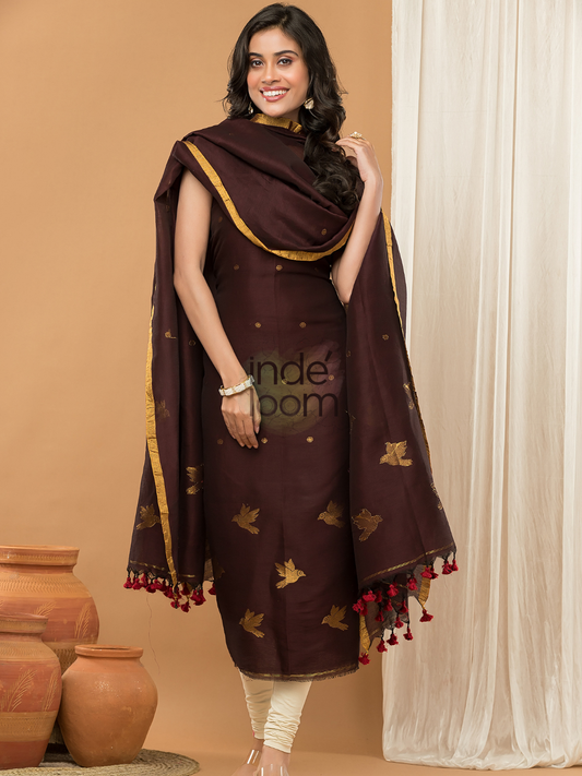 Deep Mahogany | Handloom Jamdani Linen Unstitched 2-Piece Kurti