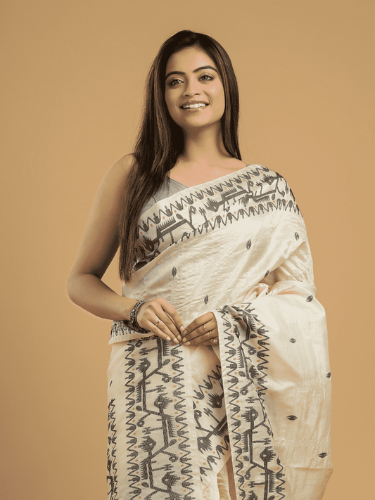 Lace White Tissue Silk Jamdani Saree - 042 - indeloom