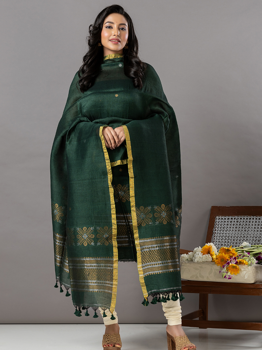 Handwoven Jamdani Linen Unstitched 2-Piece Kurti | Bottle Green