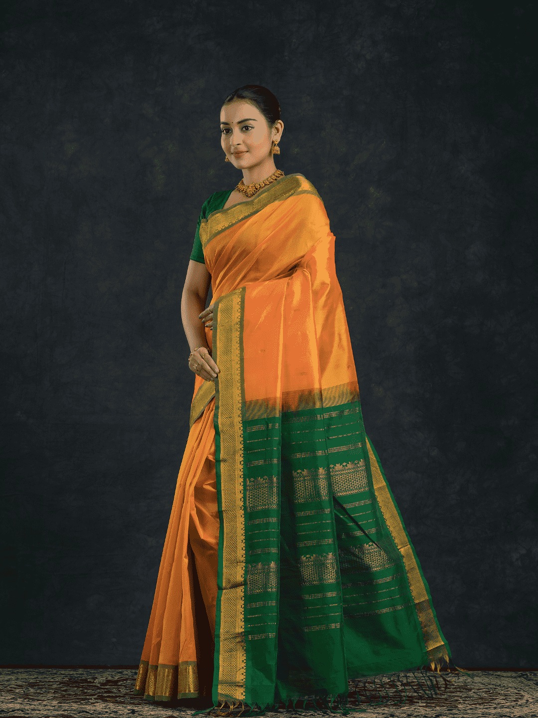 Pure Handloom Korvai Silk Cotton Saree in Sun Yellow Green Border with small buttas - 140