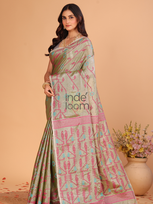 Tissue Jamdani Saree With Shaded Light Olive Green - 112