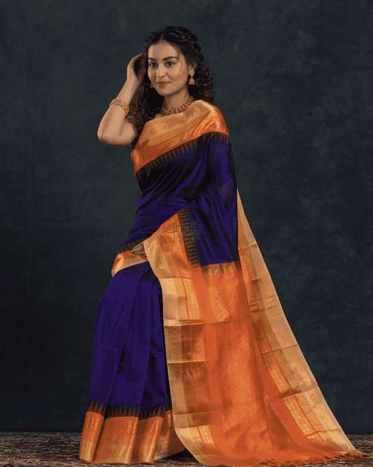Pure Handloom Korvai Saree | Wine Purple and Orange Border | Temple Border