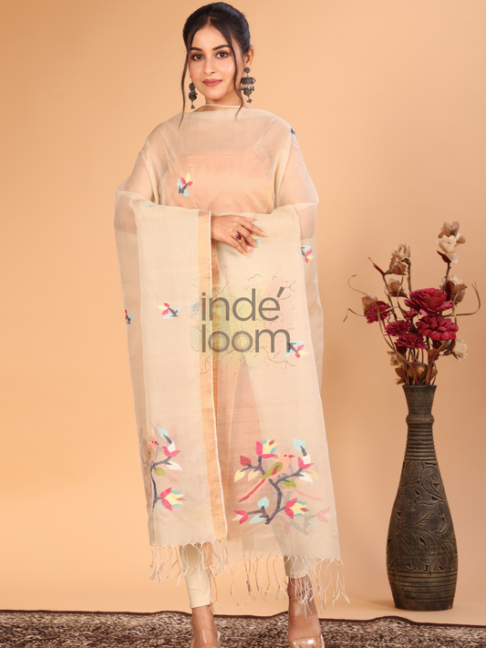 Pure Handloom Tussar Silk Jamdani Dupatta With Beige Brown - 011