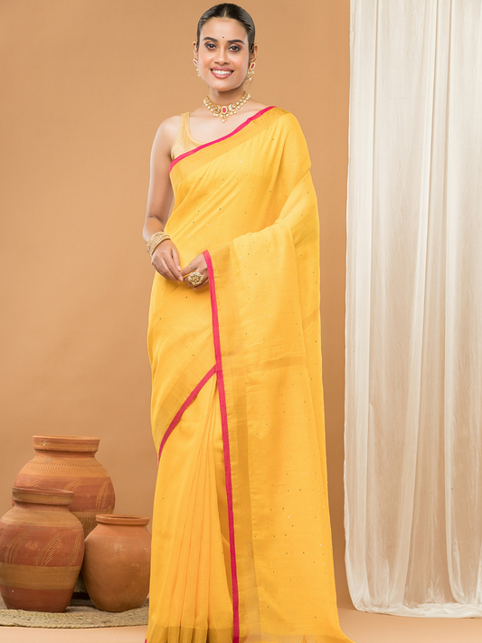 Linen Sequin Jamdani Saree With Mango Yellow - 001