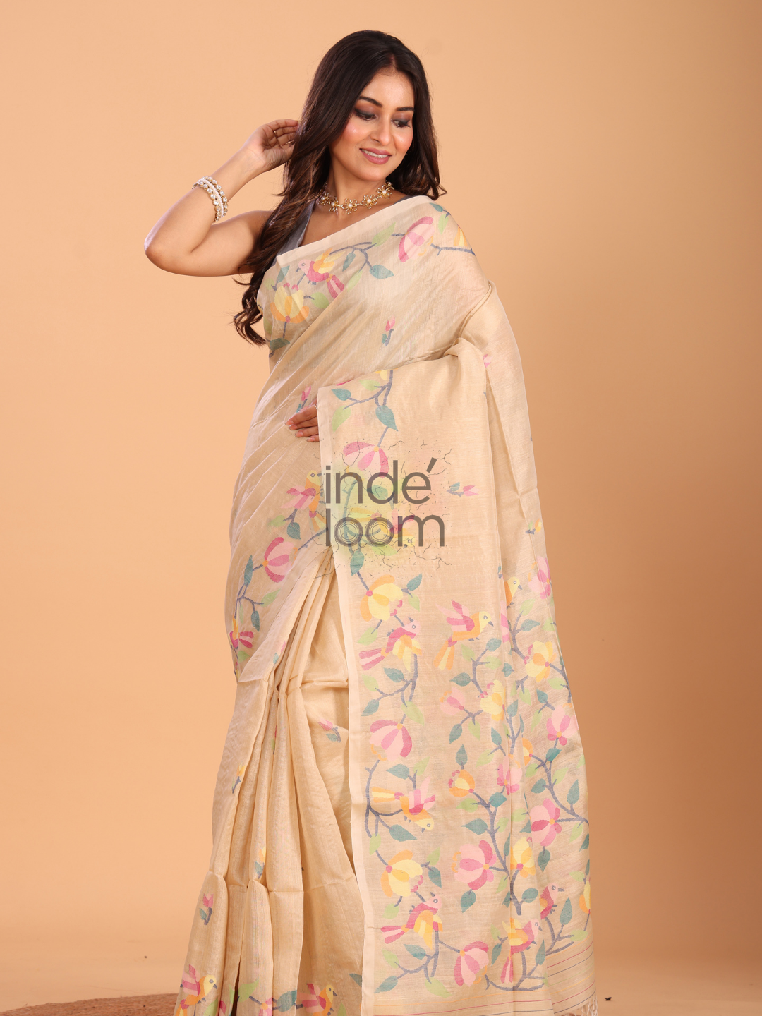 Tussar Silk Jamdani Saree With Pale Brown - 139