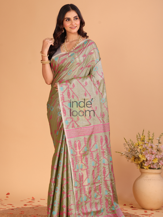 Tissue Jamdani Saree With Shaded Light Olive Green - 112
