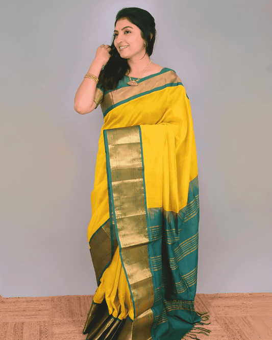 Handloom Korvai Silk Cotton Saree | Golden Yellow