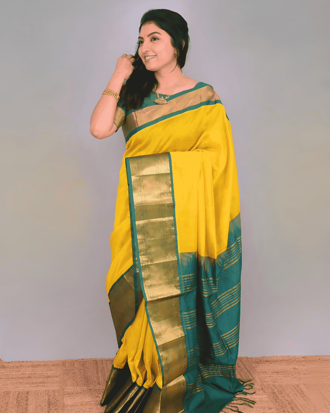 Handloom Korvai Silk Cotton Saree | Golden Yellow