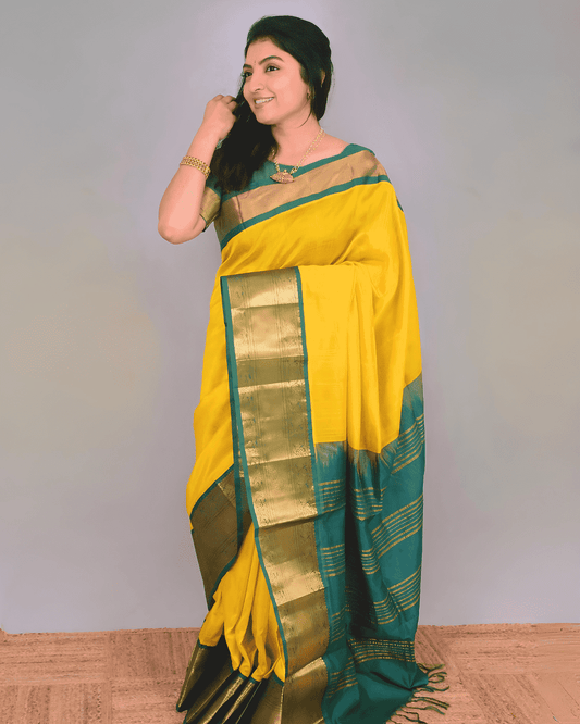 Pure Handloom Korvai Saree | Yellow And Golden Green