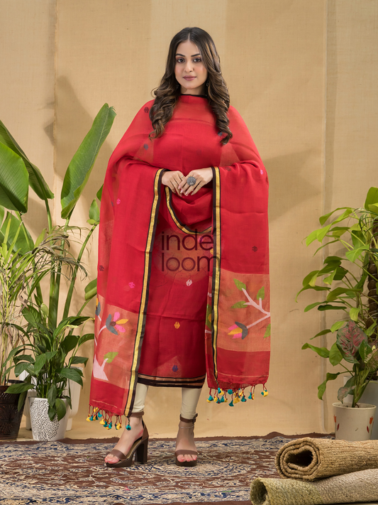 Vermilion Red | Handloom Jamdani Linen Unstitched 2-Piece Kurti | Paithani Design