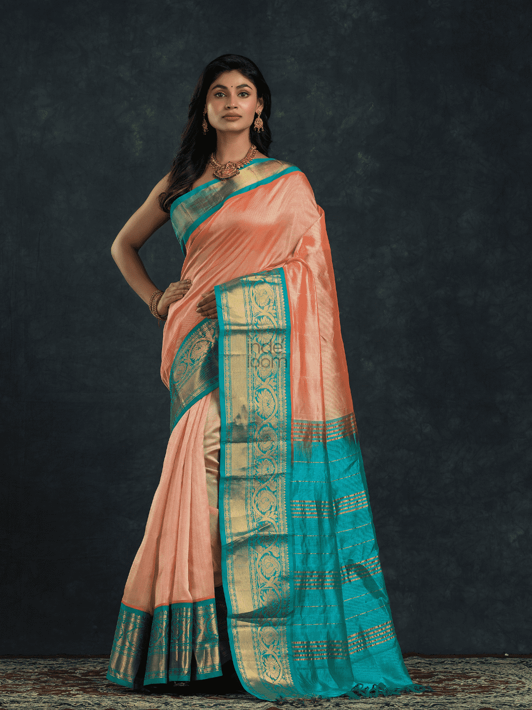 Pure handloom Korvai Silk Cotton Saree in Peach and Azure Blue Border - 054