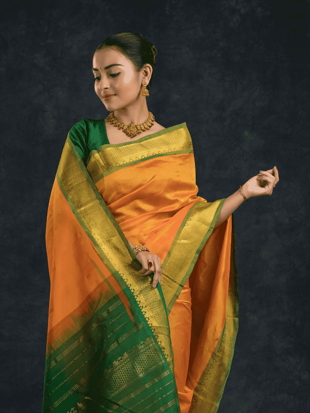 Pure Handloom Korvai Silk Cotton Saree in Sun Yellow Green Border with small buttas - 140