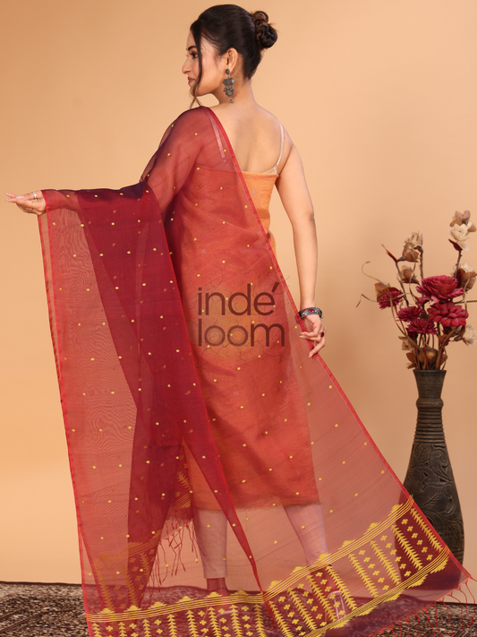 Pure Handloom Muslin Jamdani Dupatta With Wine Red - 012