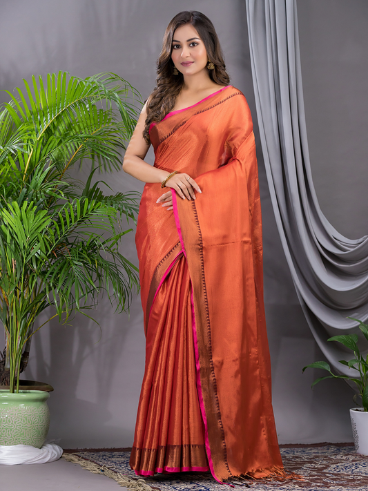 Tissue Silk Saree With Bright Orange - 014