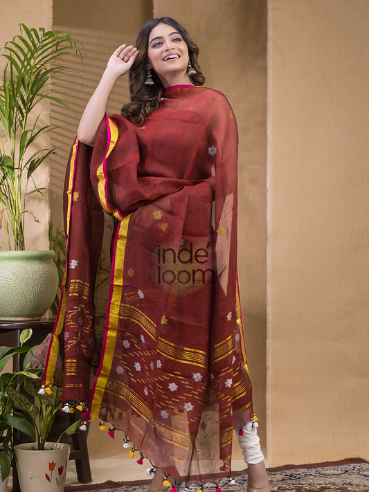 Handwoven Jamdani Linen Unstitched 2-piece Kurti | Maroon Red