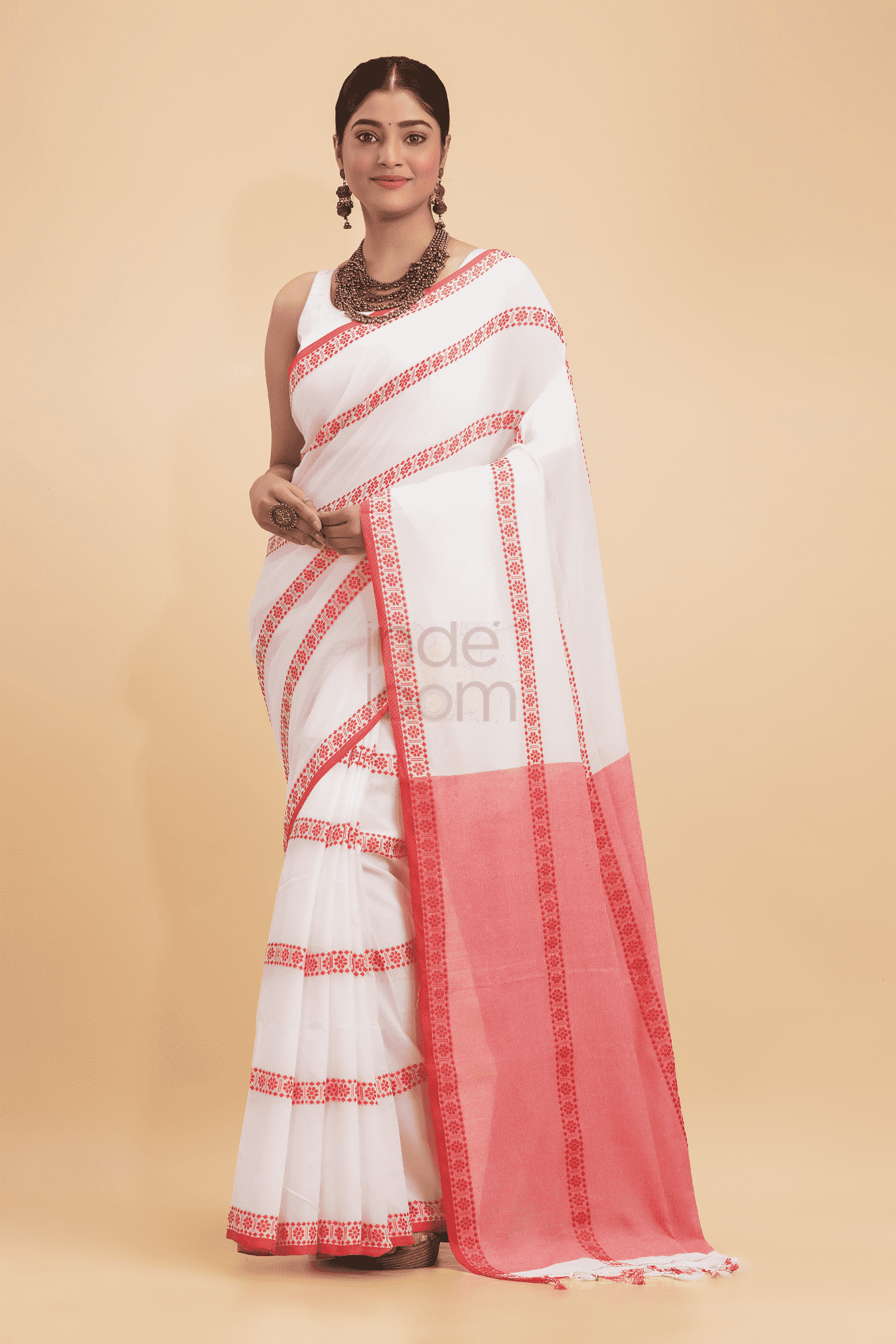 Dewali Saree Handloom Cotton White with Red Pallu-009 - indeloom