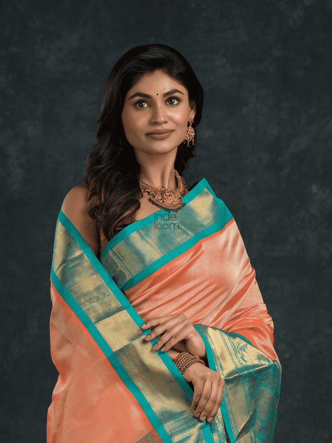 Pure handloom Korvai Silk Cotton Saree in Peach and Azure Blue Border - 054